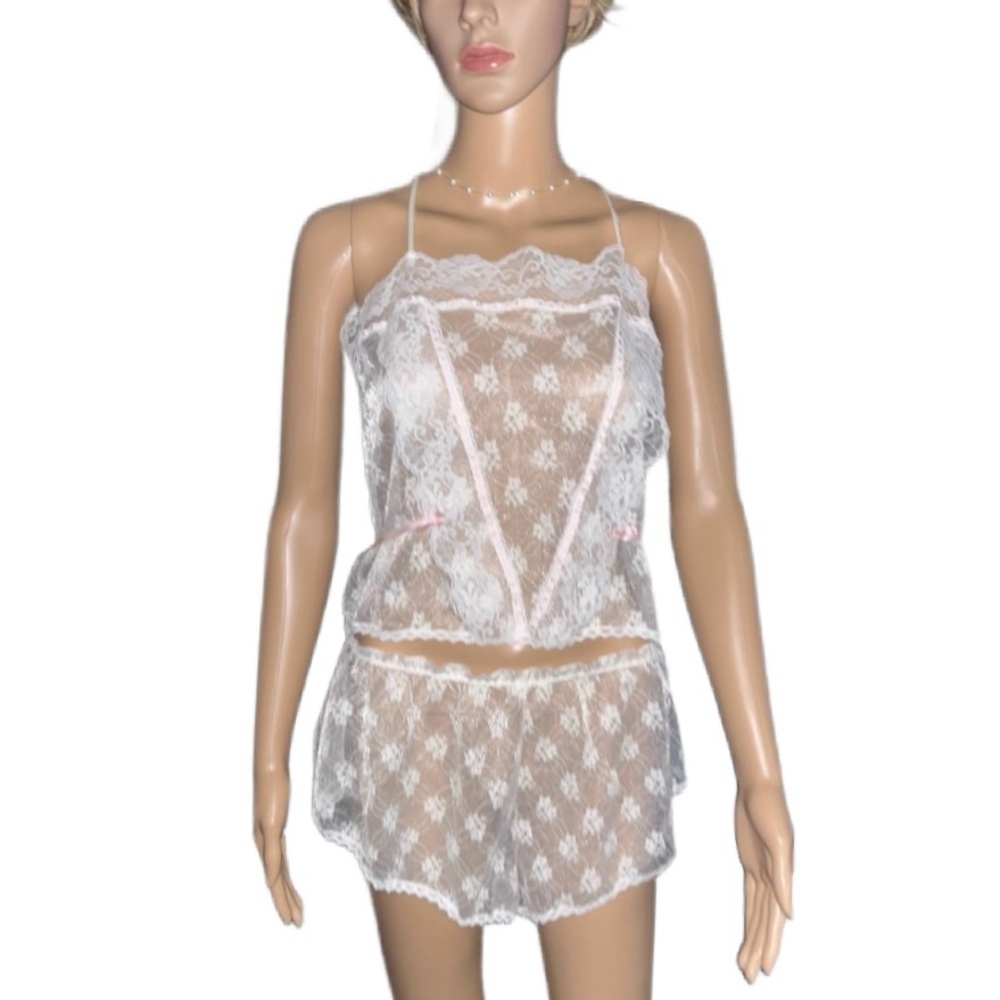 Lorraine ~ Medium ~ White W/ Pink Trim ~ Floral Lace ~ 3-Piece Pajamas Lingerie